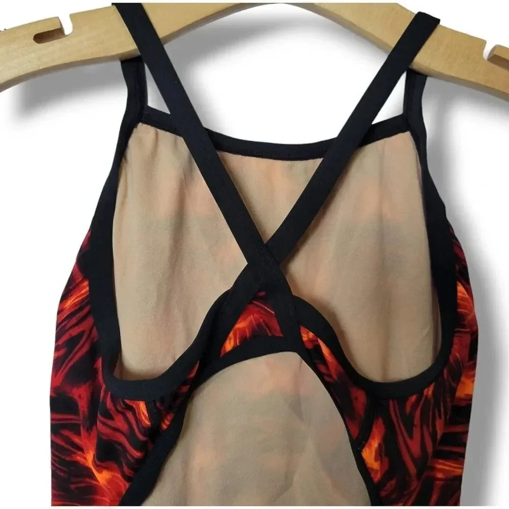 SPEEDO Women’s Black & Red Open-Back Vintage Competitive One-Piece Swimsuit